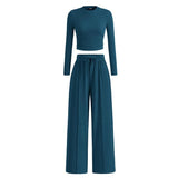MIRELA™ - Ribbed Knit Long Sleeve Crop Top and Matching Pants Set