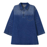 MARIA™ - Loose Fit Denim Dress with Chest Pocket Half-Zip Collared Neck