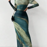 TORINA™ - Comfy Printed Long Sleeve Round Neck Bodycon Maxi Dress
