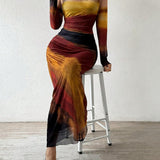 TORINA™ - Comfy Printed Long Sleeve Round Neck Bodycon Maxi Dress