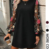 LENI™ - Elegant Floral Embroidery Bishop Sleeve Dress Long Sleeve Round Neck