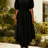 ZEBY™ - Elegant Women's Belted Bishop Sleeve Boat Neck A-Line Dress